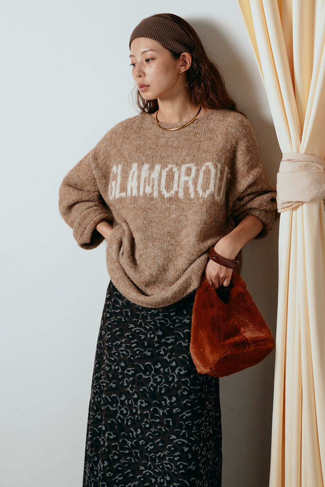 [SET]フロントロゴデザインニットトップス+レオパードロングスカート(2set)