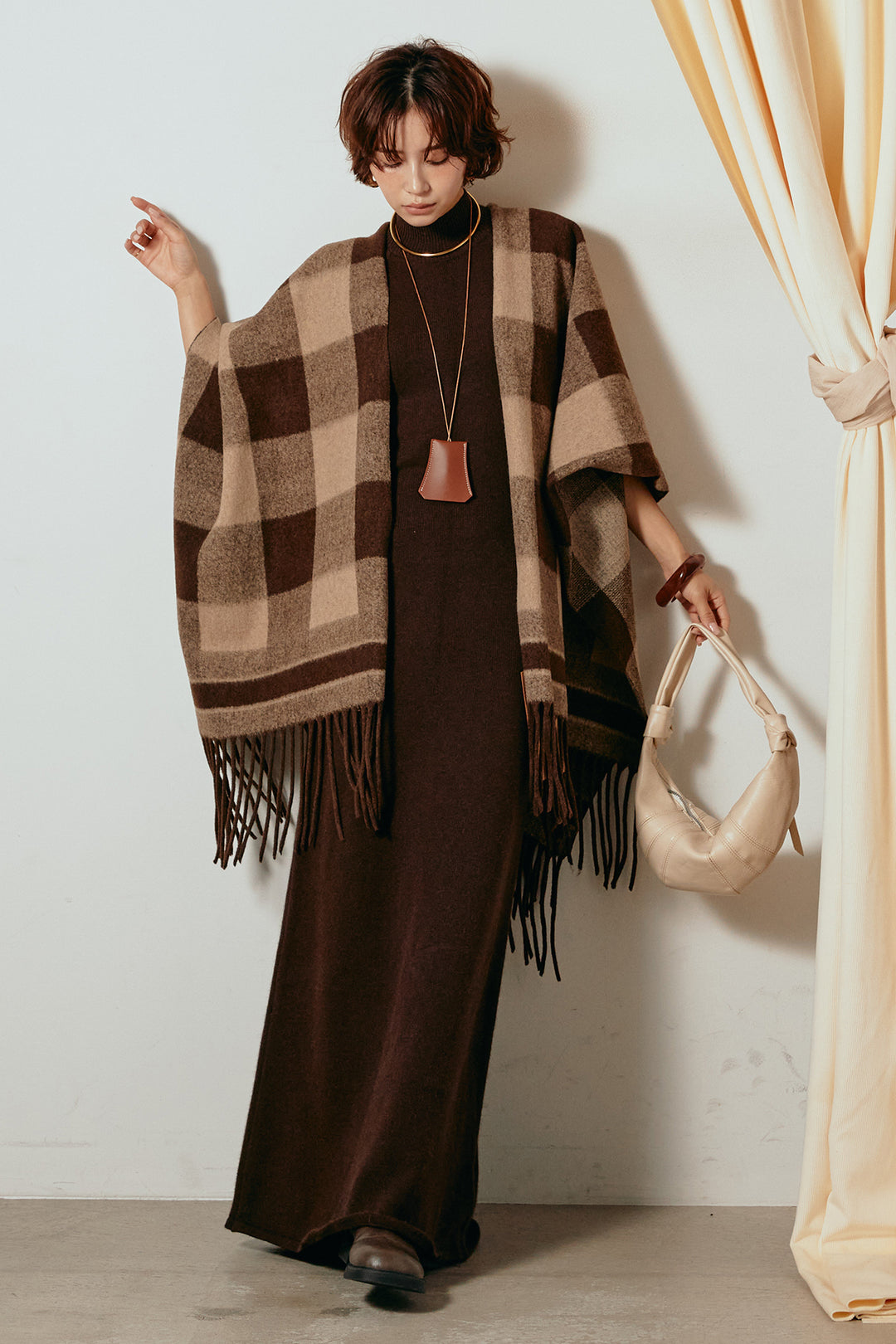 [SET]裾フリンジ柄ポンチョアウター+ノースリーブニットロングワンピース(2set)