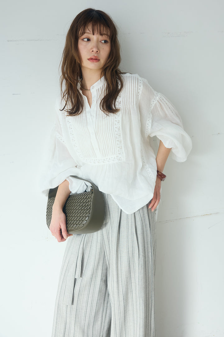 [SET]レース刺繍ラインバンドカラーシャツ+リネンライクピンストライプサイドデザインパンツ(2set)