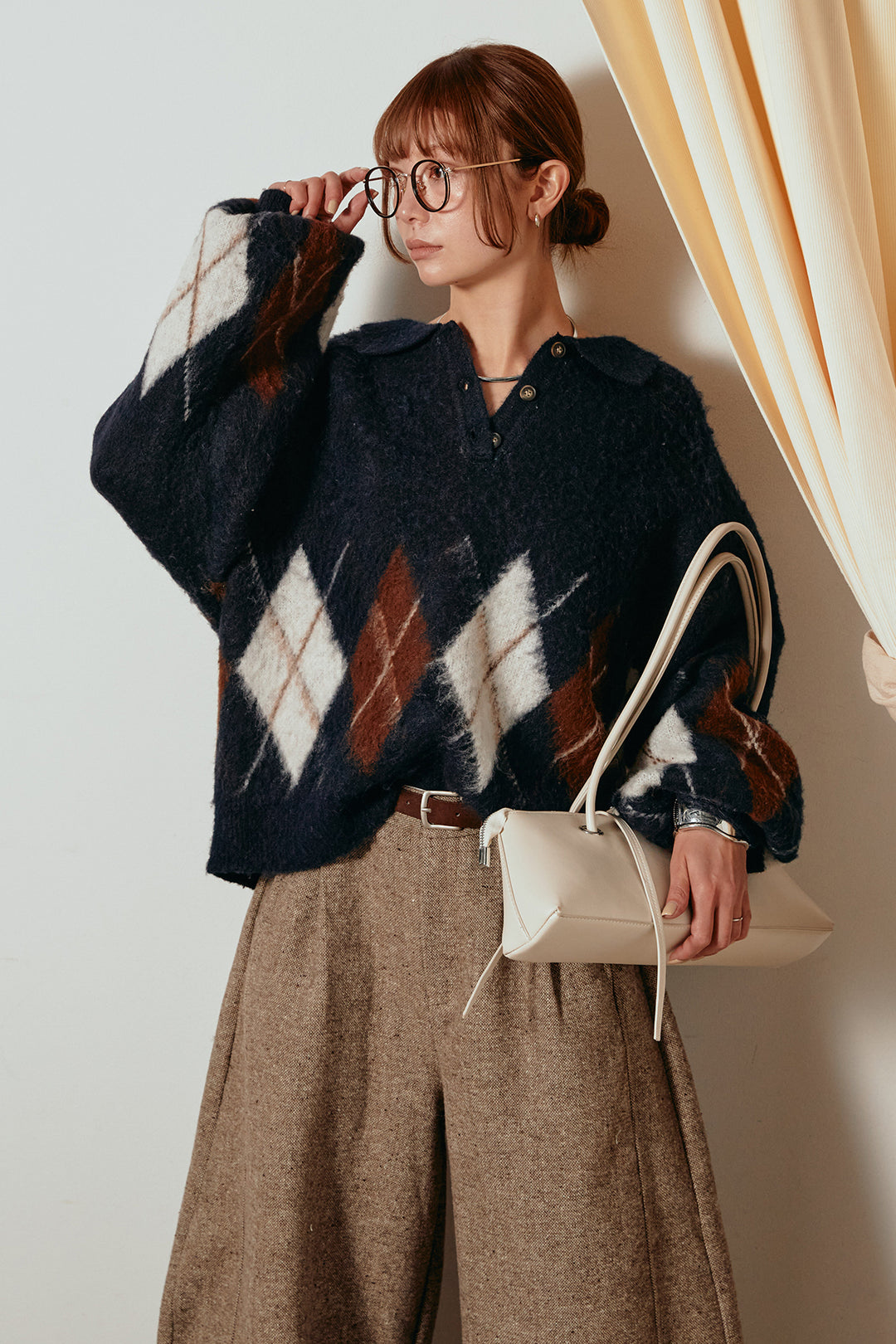 [SET]アーガイル柄ポロニットトップス+ベルト付きネップツイードカーブパンツ(2set)