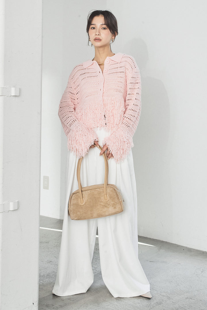[SET]メッシュフリンジカーディガン+編みベルト付きウエストタックワイドパンツ(2set)