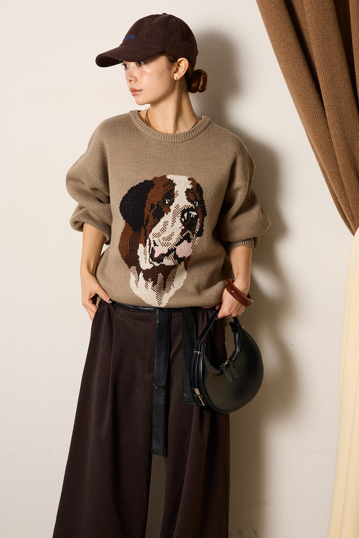 [SET]アニマルジャガード柄ニットトップス+巻ベルトウエストレザーライクワイドパンツ(2set)