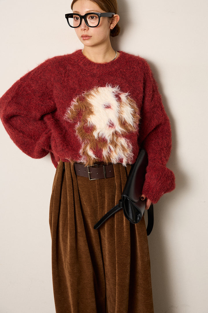 [SET]シャギーニュアンスアニマルニット+ベルトループコーデュロイワイドパンツ(2set)