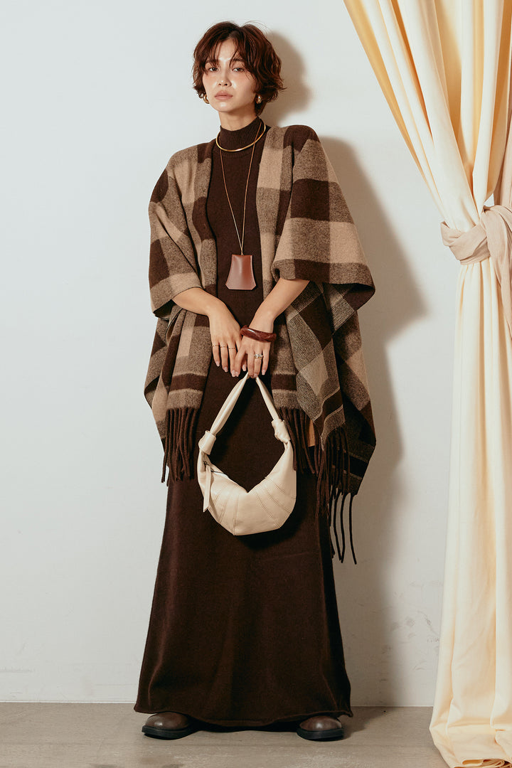 [SET]裾フリンジ柄ポンチョアウター+ノースリーブニットロングワンピース(2set)