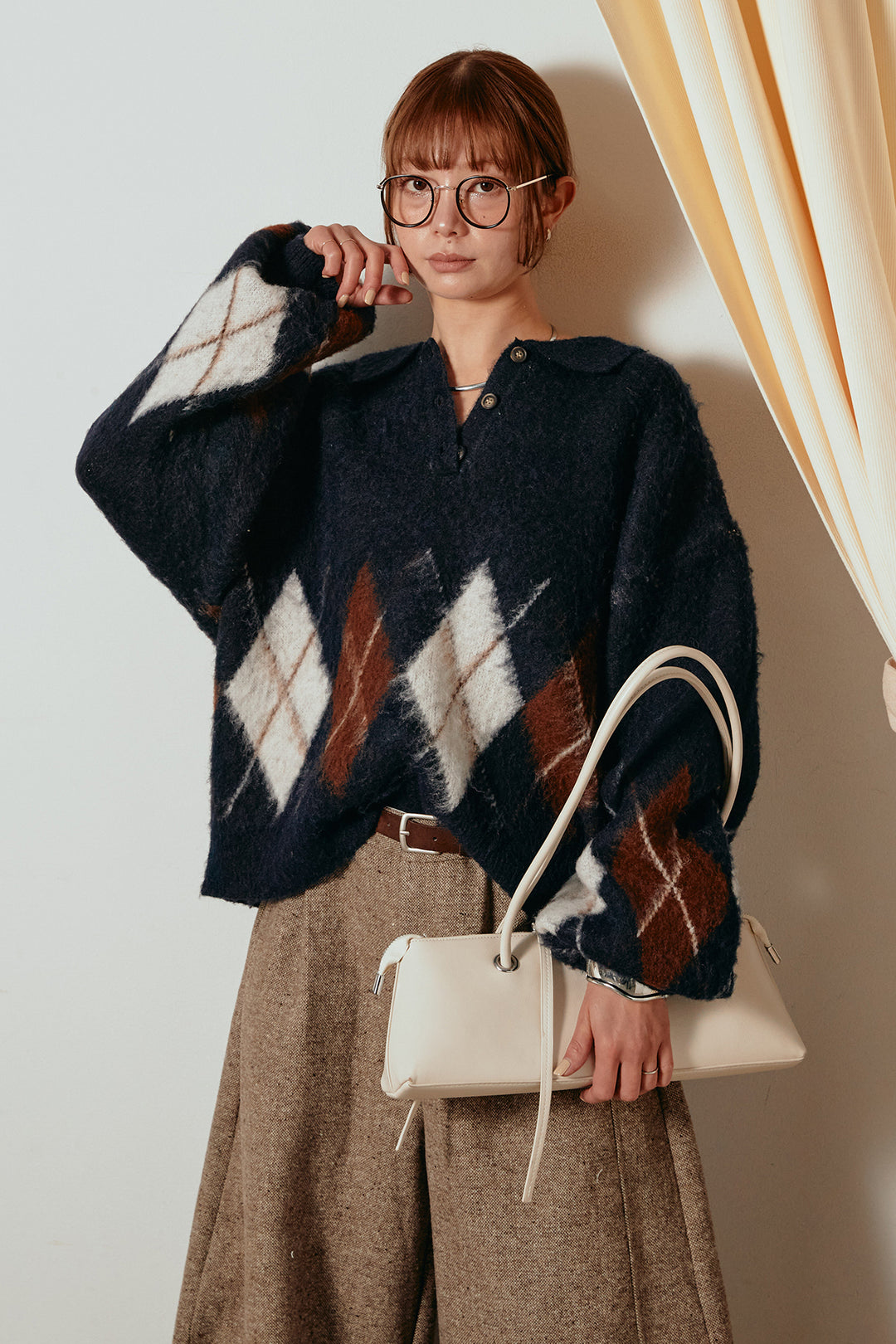 [SET]アーガイル柄ポロニットトップス+ベルト付きネップツイードカーブパンツ(2set)