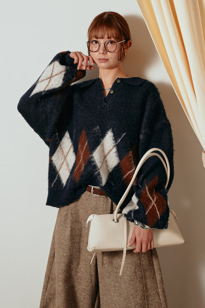 [SET]アーガイル柄ポロニットトップス+ベルト付きネップツイードカーブパンツ(2set)