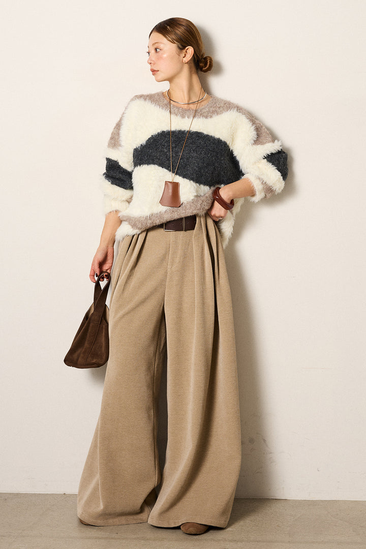 [SET]シャギーウェーブ柄クルーネックニットトップス+ベルトループコーデュロイワイドパンツ(2set)