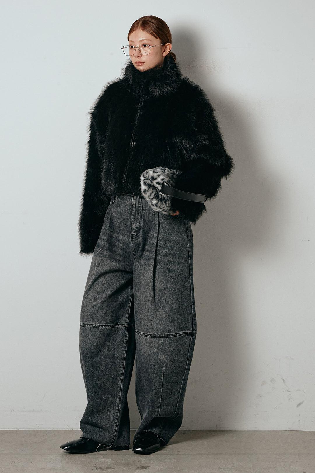 [SET]エコファーショート丈ブルゾン+加工デニムタックコクーンワイドパンツ(2set)