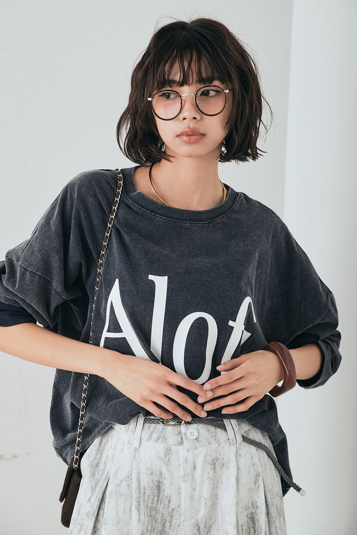 [SET]裾センタードロストロゴプリントワイドTシャツ+紐ベルト付きかすれ柄ワイドスラックス(2set)