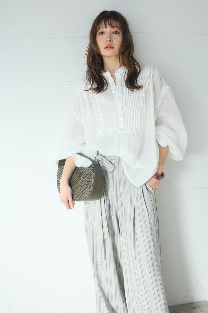 [SET]レース刺繍ラインバンドカラーシャツ+リネンライクピンストライプサイドデザインパンツ(2set)