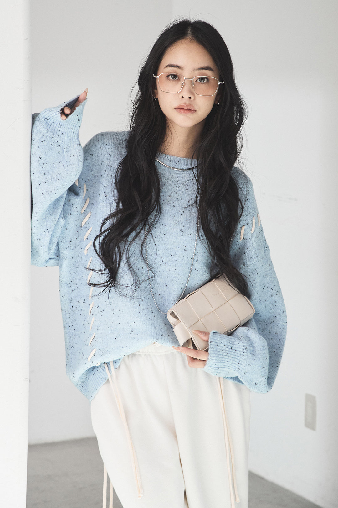 [SET]ネップ編み上げニットトップス+裏起毛スウェットワイドパンツ(2set)