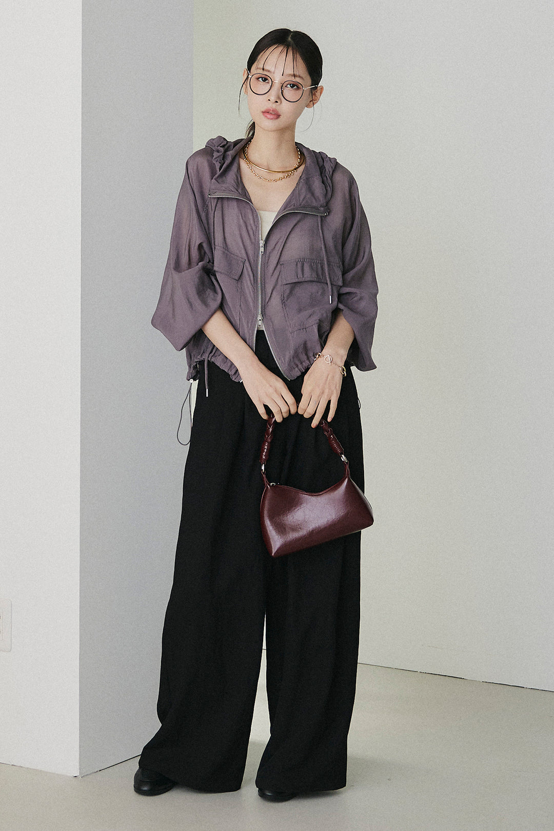 [SET]裾ドロストシアーWジップフーディーブルゾン+ウエスト折り返しワイドパンツ(2set)