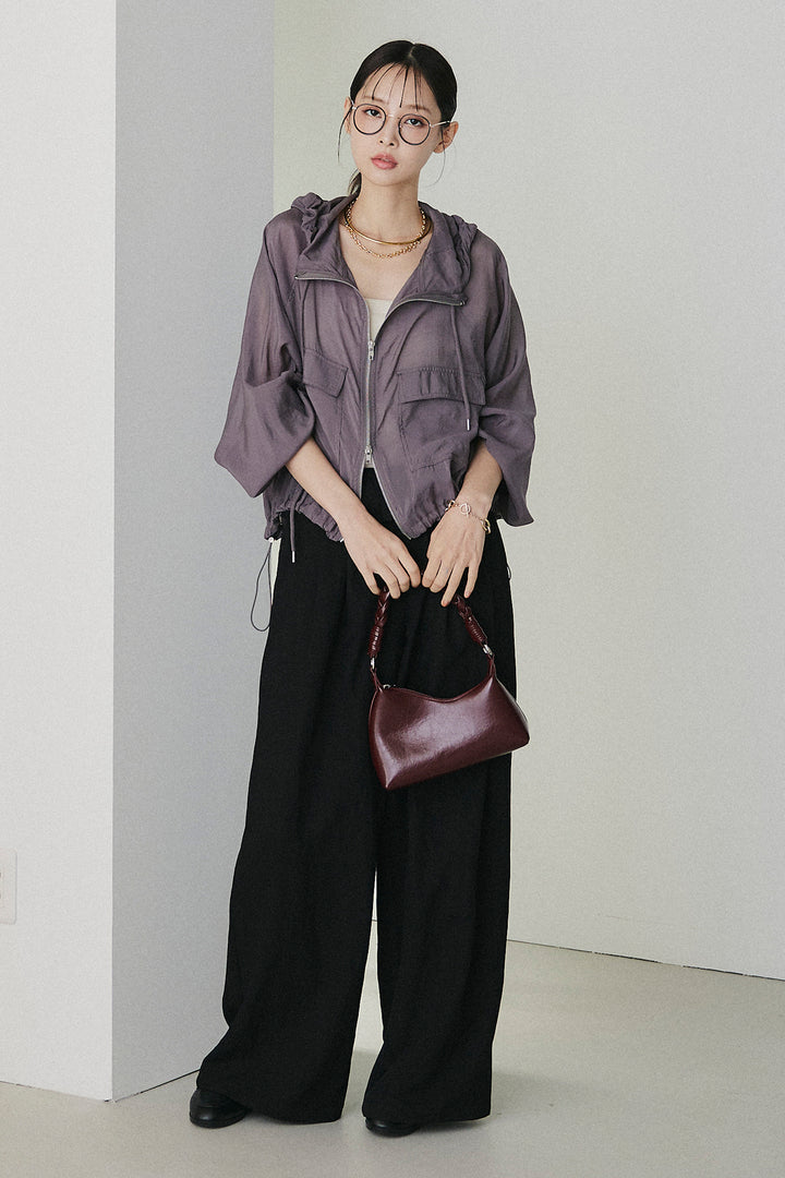 [SET]裾ドロストシアーWジップフーディーブルゾン+ウエスト折り返しワイドパンツ(2set)