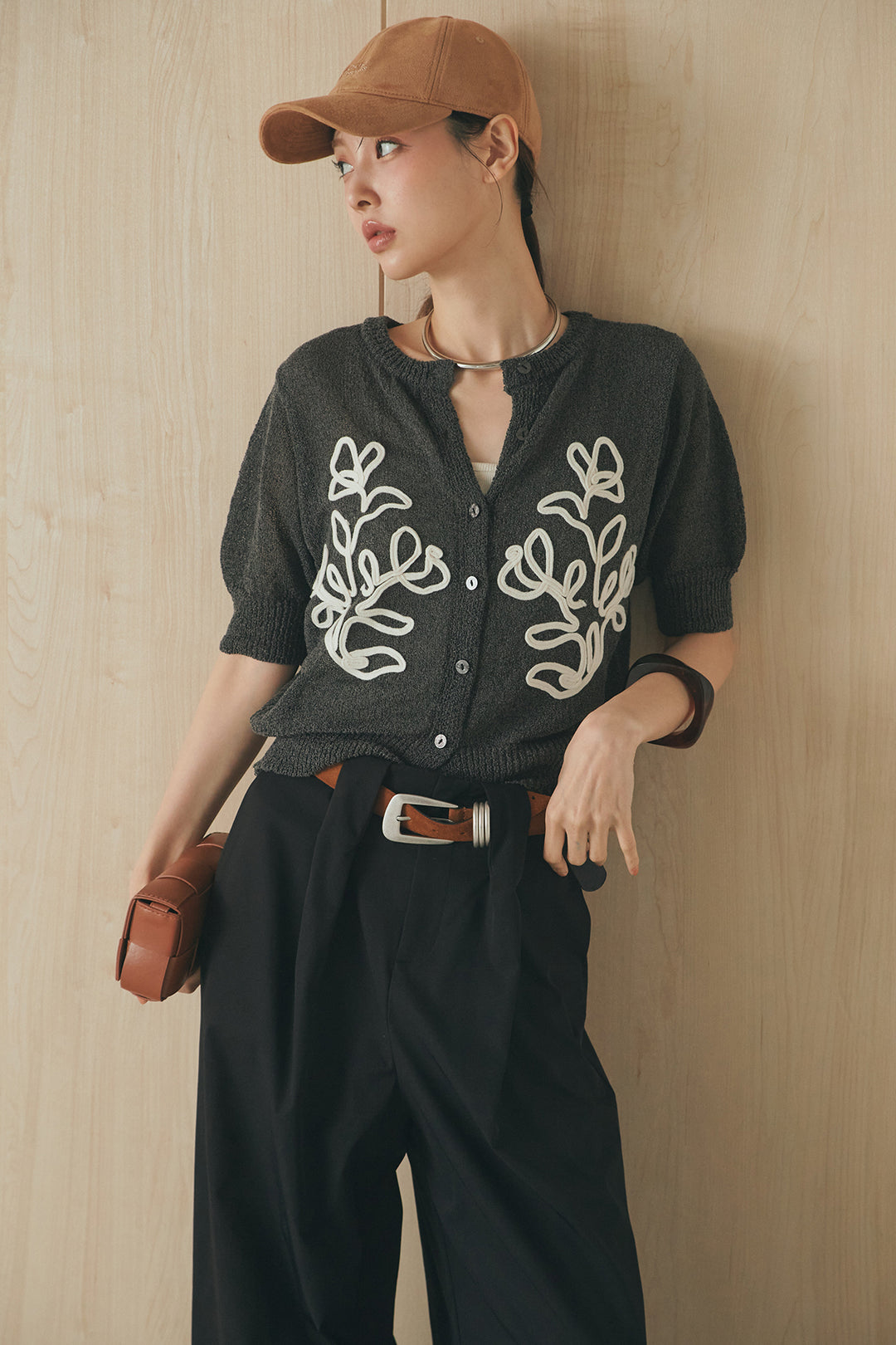 [SET]フロントテープデザイン半袖カーディガン+ベルトループデザインハイウエストタックパンツ(2set)