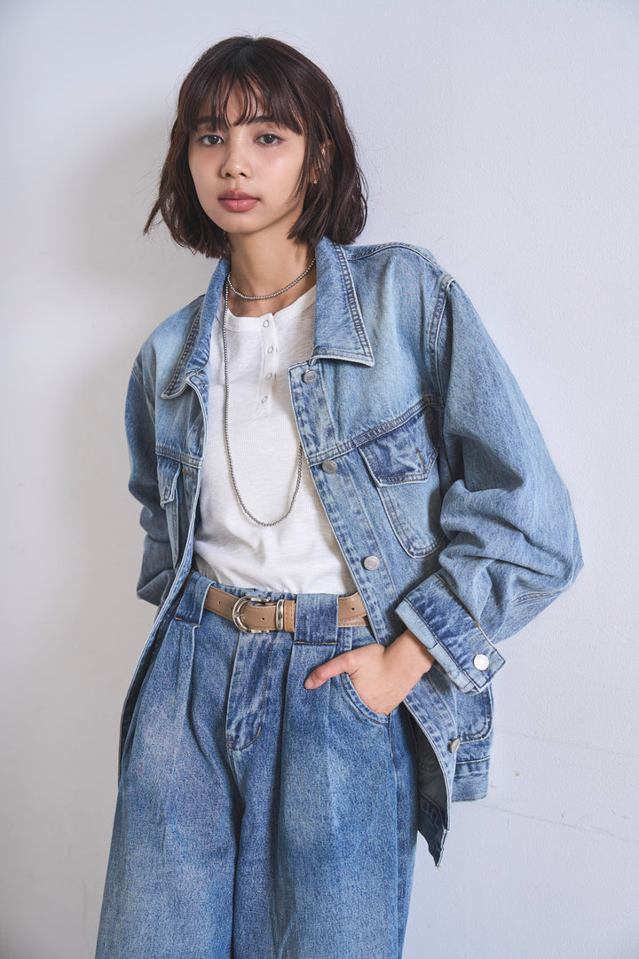 [SET]ケミカルデニムカバーオールジャケット+ベルトループワイドタックデニムパンツ+ヘンリーネックシアータンクトップ(3set)