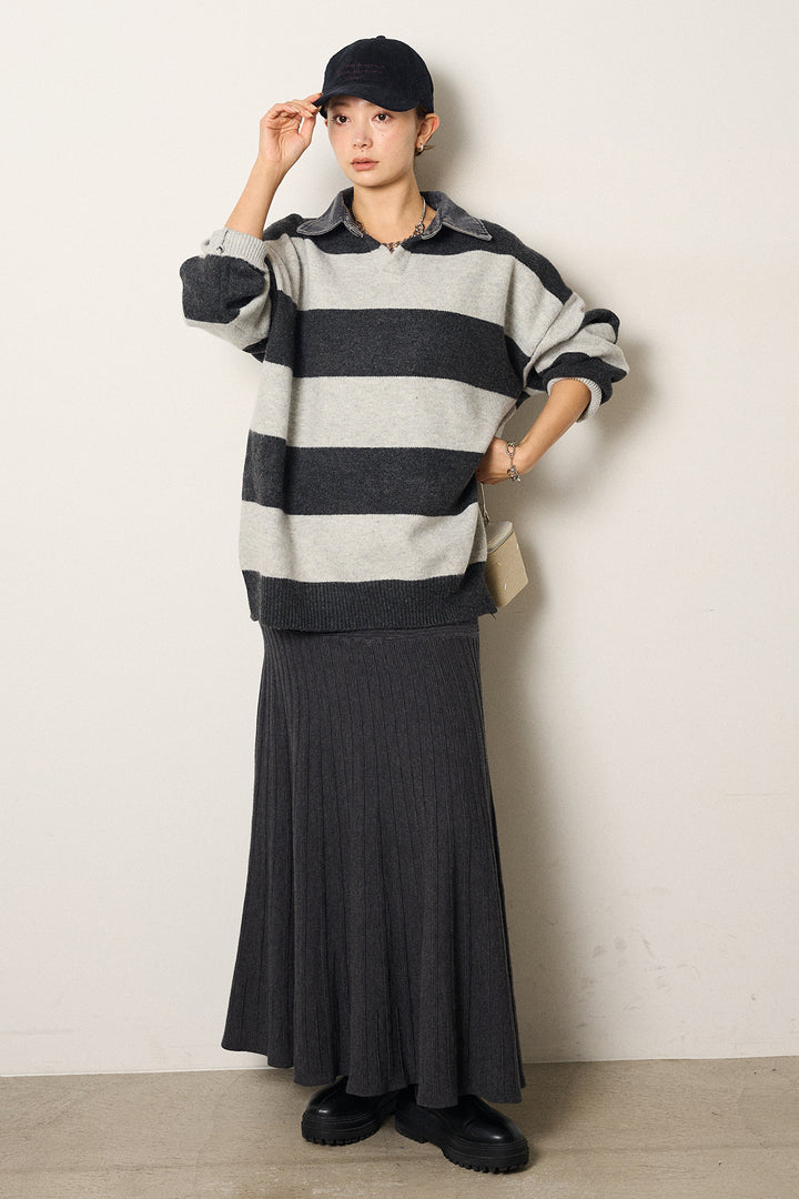 [SET]デニムカラーボーダールーズニット+編み地切り替えフレアニットスカート(2set)