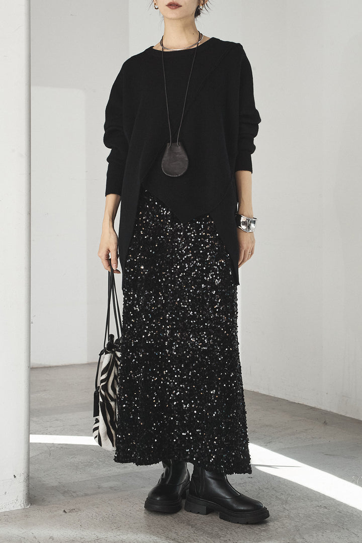 [SET]アシンメトリーデザインニットトップス+スパンコールニットワイドスカート(2set)