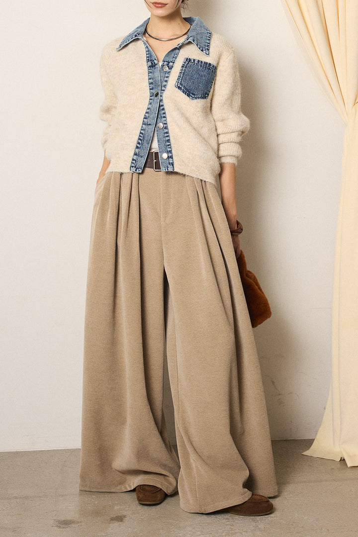 [SET]襟付きデニム切替ニットカーディガン+ベルトループコーデュロイワイドパンツ(2set)