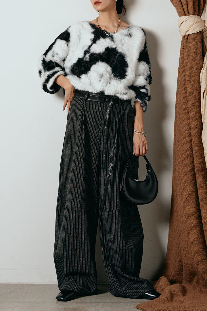 [SET]タイダイ柄シャギーニットトップス+レザーライク配色ストライプパンツ(2set)