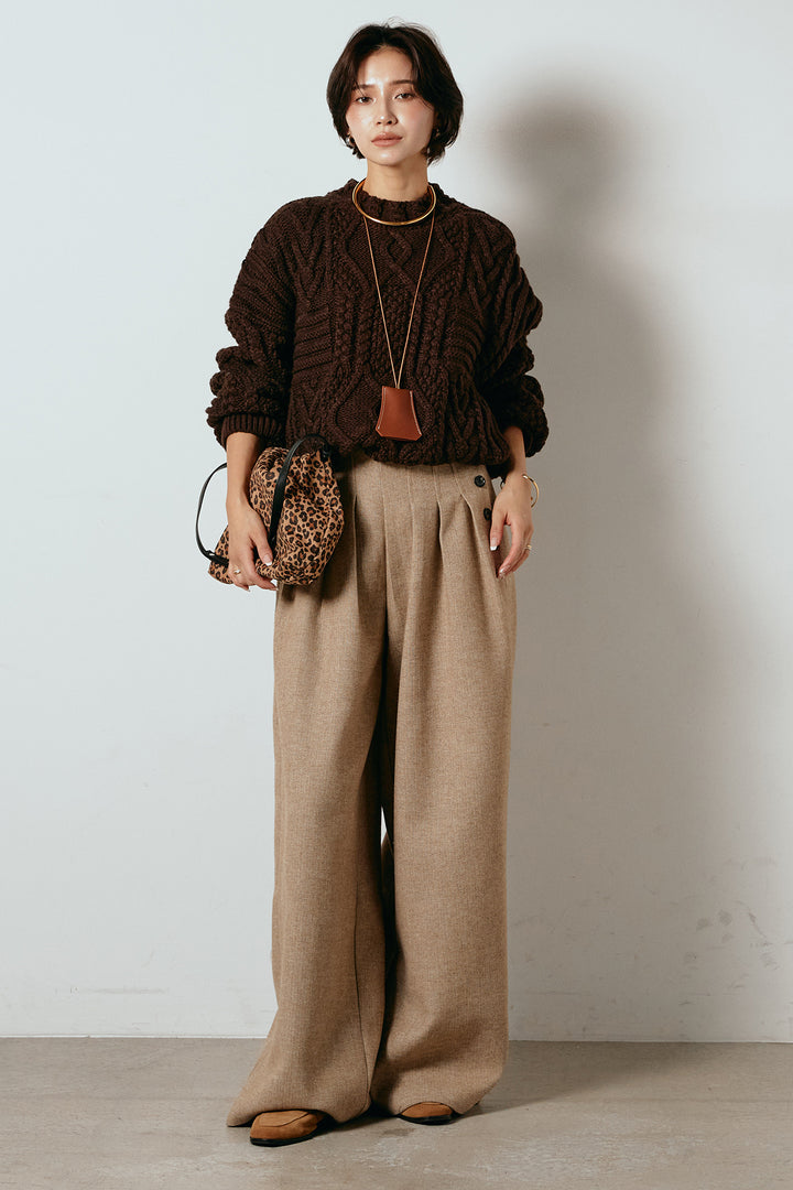 [SET]アラン柄ミックスケーブルニット+サイドボタンツイードタックパンツ(2set)