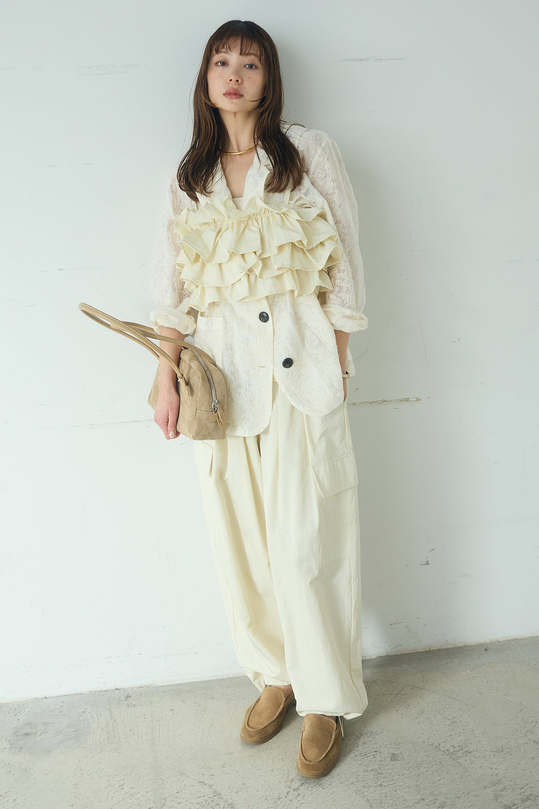 [SET]刺繍シアーテーラードジャケット+撥水フリルビスチェ+撥水ジョガーパンツ(3set)