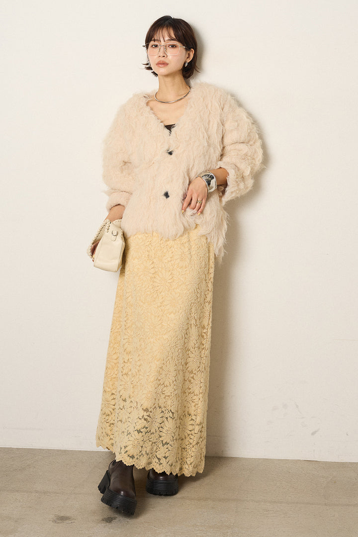 [SET]起毛シャギーニットカーディガン+花柄刺繍ベロアフレアスカート(2set)