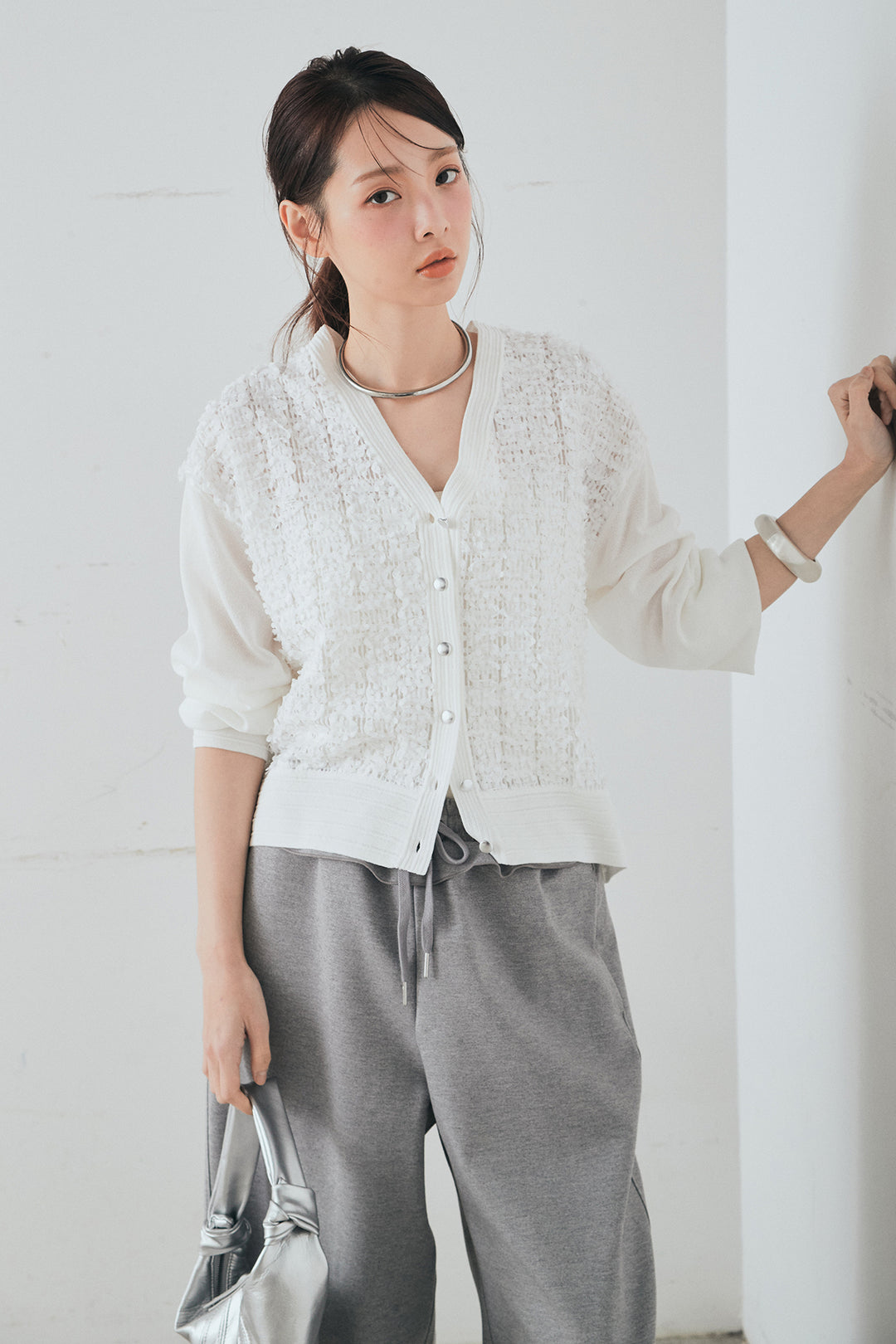 [SET]モコレースVネックカーディガン+カットダンボールウエストフリルカーブパンツ(2set)