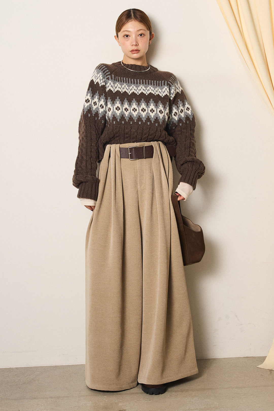 [SET]2WAY求心柄ジャガードショートカーディガン+ベルトループコーデュロイワイドパンツ(2set)