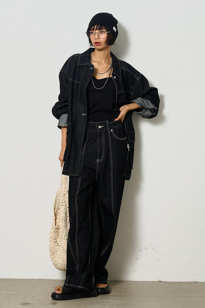 【即納】ステッチデザインデニムジップジャケット