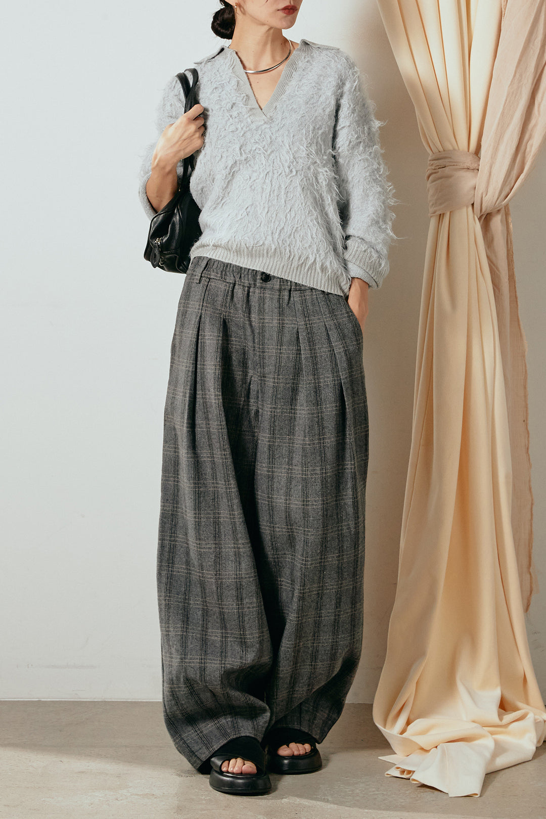 [SET]襟付きシャギーニットポロトップス+タータンチェック柄タックパンツ(2set)