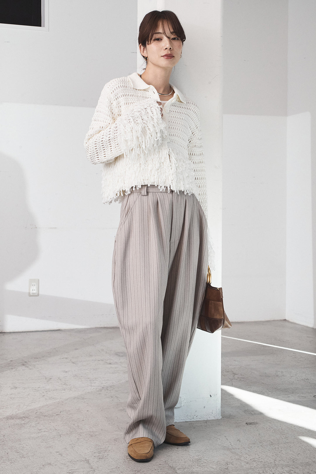 [SET]メッシュフリンジカーディガン+ヘリンボーンストライプツータックパンツ(2set)