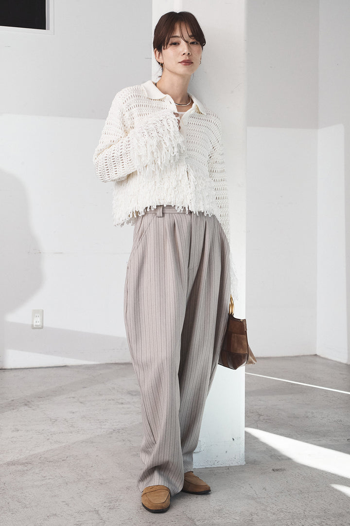 [SET]メッシュフリンジカーディガン+ヘリンボーンストライプツータックパンツ(2set)