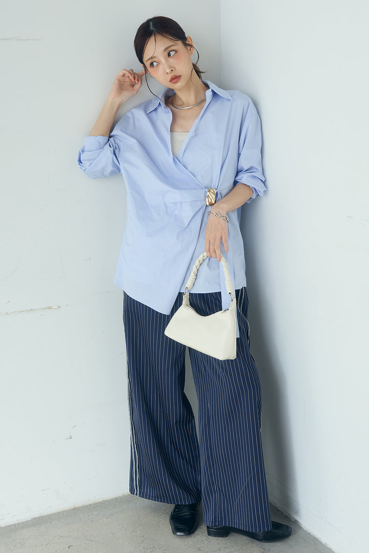 [SET]サイド留め具デザインシャツ+ストライプ柄トラックイージーパンツ(2set)