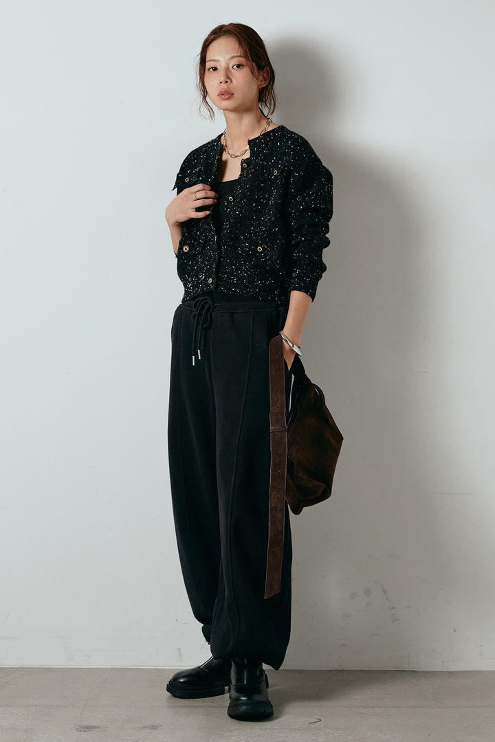 [SET]ネップニットカーディガン+スウェットワイドカーブパンツ(2set)