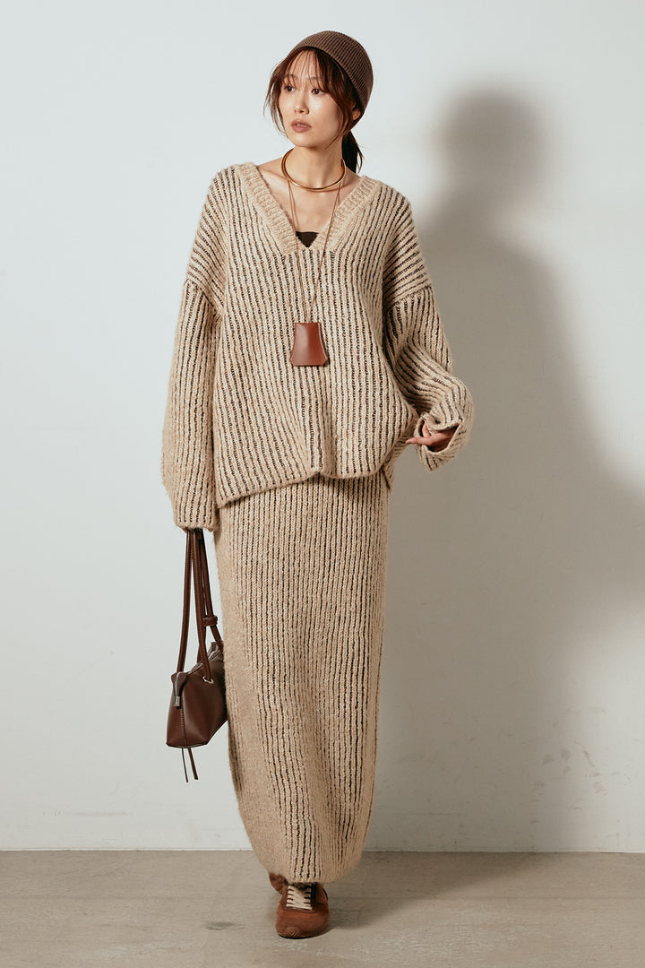 [SET]アルパカタッチ深Vニットトップス+アルパカタッチニットタイトスカート(2set)