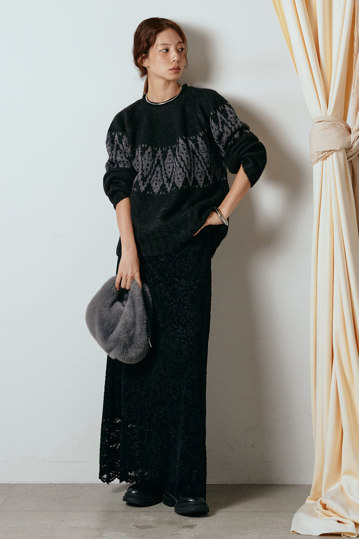 [SET]モノトーン柄ニットトップス+花柄刺繍ベロアフレアスカート(2set)