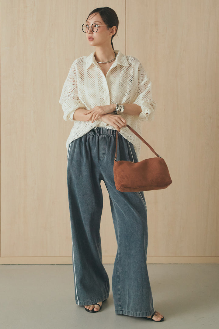 [SET]長袖襟付きレースシャツ+ドロストサイドラインデニムパンツ(2set)
