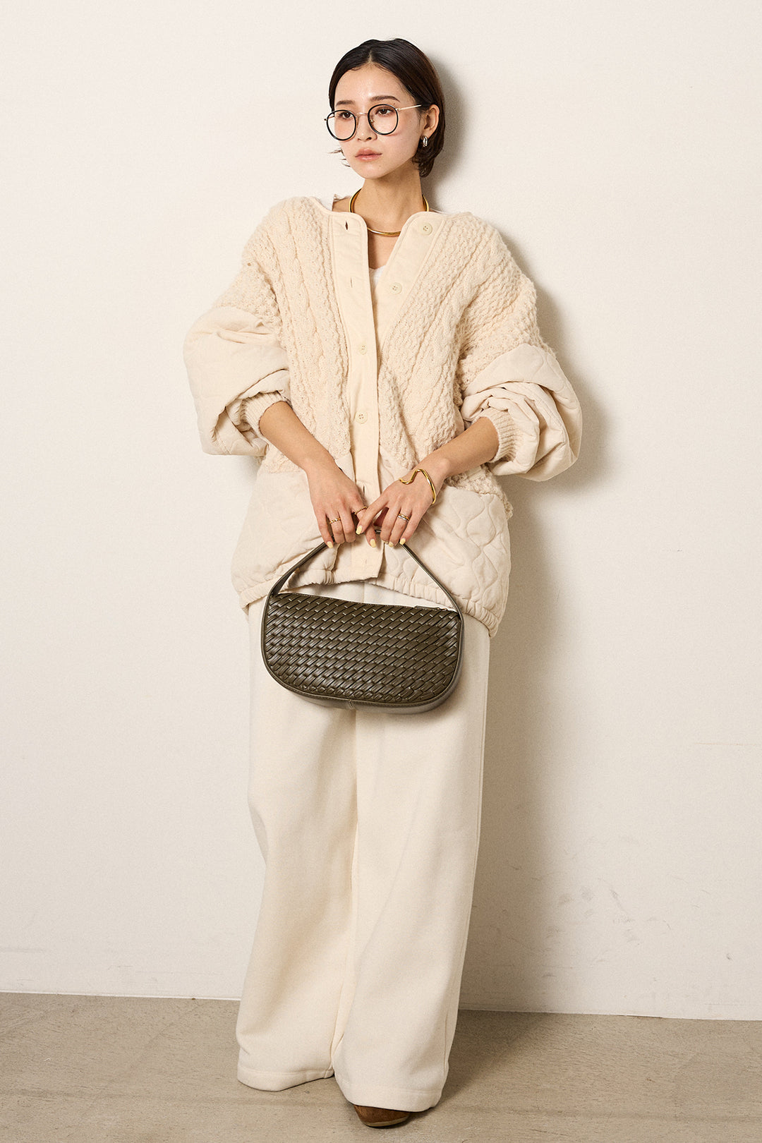 [SET]アラン編みニットノーカラー裾キルティングブルゾン+裏起毛スウェットワイドパンツ(2set)