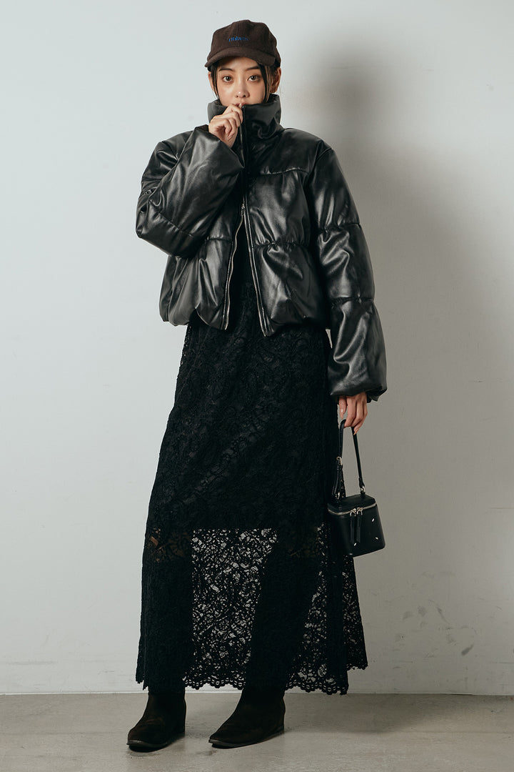 [SET]レザーライクWジップスタンドカラー中綿ブルゾン+総レース刺繍スカート(2set)