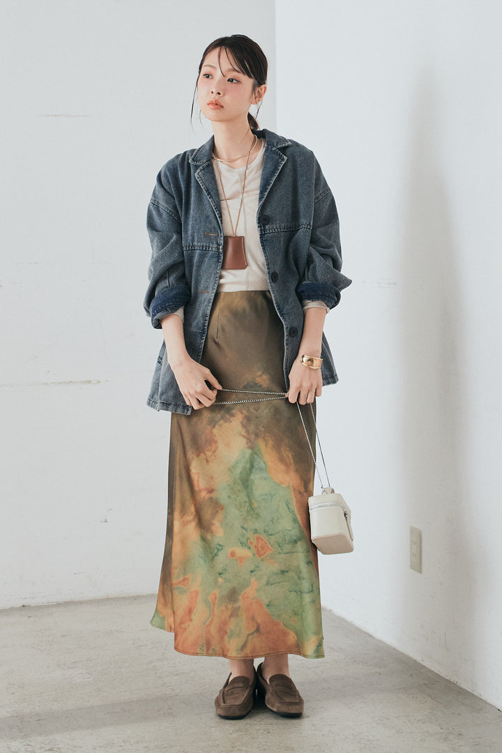 [SET]オーバーデニムジャケット+ニュアンス柄サテンスカート(2set)