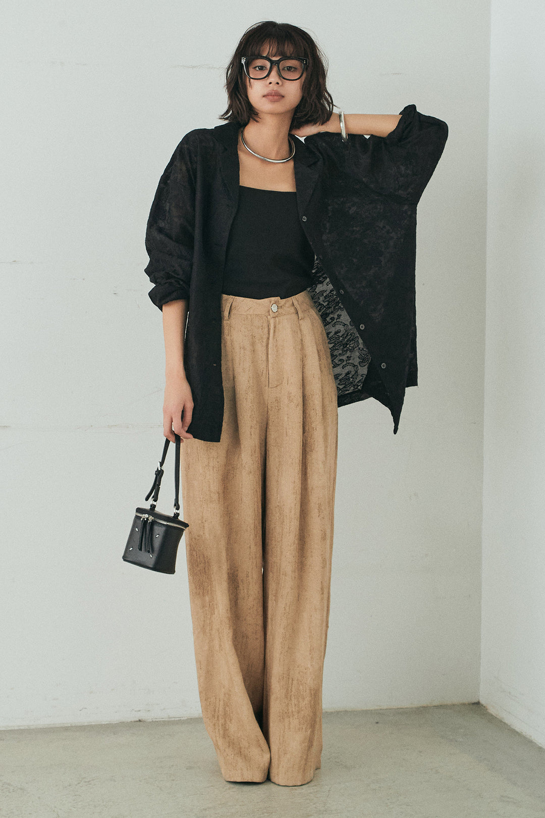 [SET]刺繍シアーオープンカラーシャツ+リネン混かすれ柄ワイドパンツ(2set)