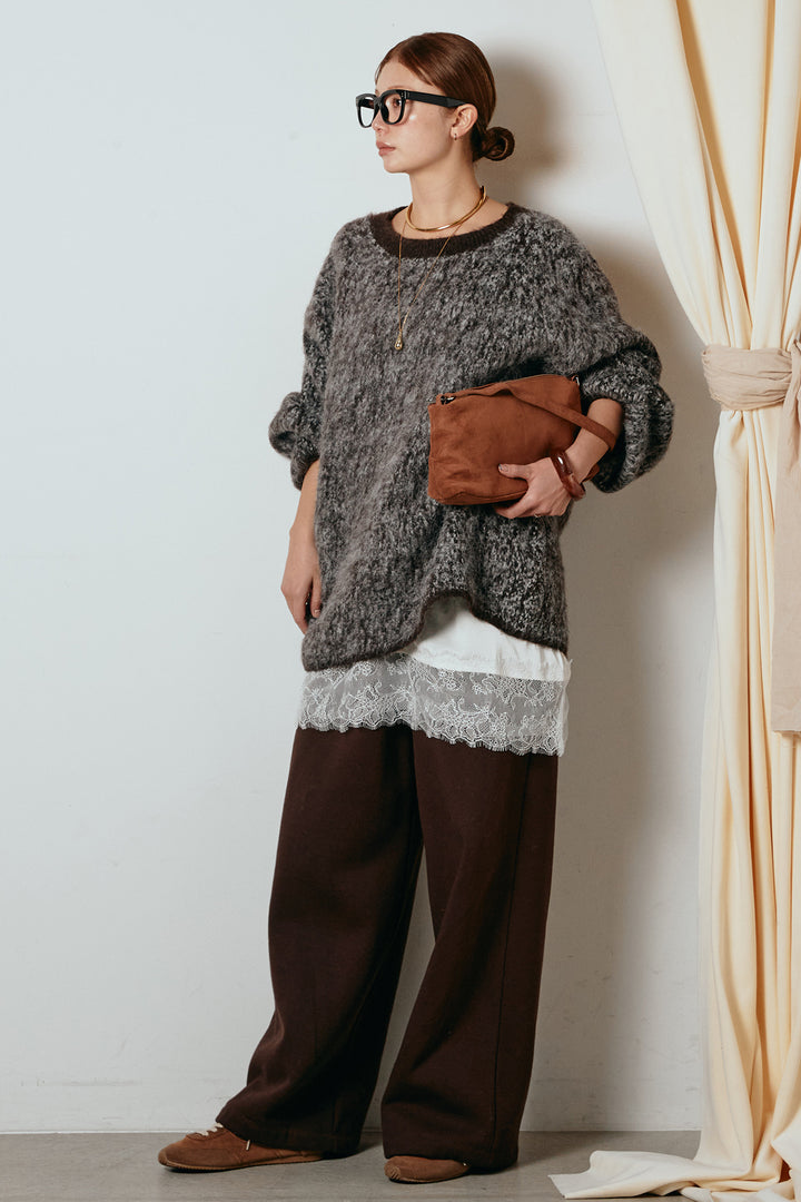 [SET]ボリュームスリーブミックスニットトップス+裏起毛スウェットワイドパンツ+レース切り替えキャミソール(3set)