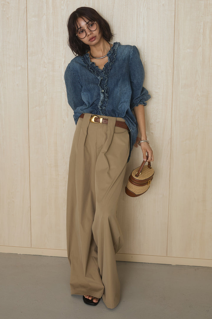 [SET]Vネックデニムフリルトップス+ベルトループデザインハイウエストタックパンツ(2set)