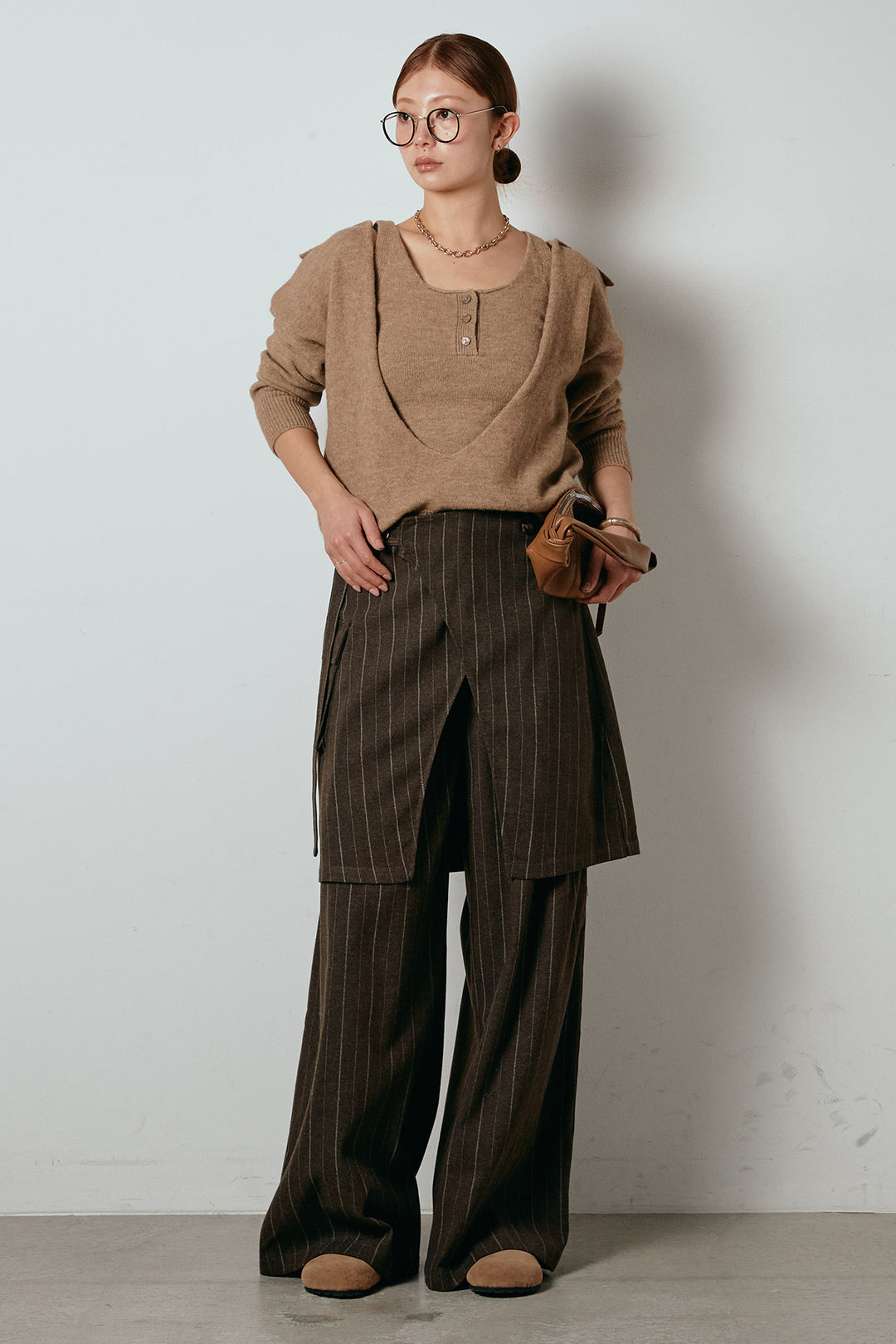 [SET]襟付きレイヤードニットトップス+細ストライプレイヤードデザインパンツ(2set)