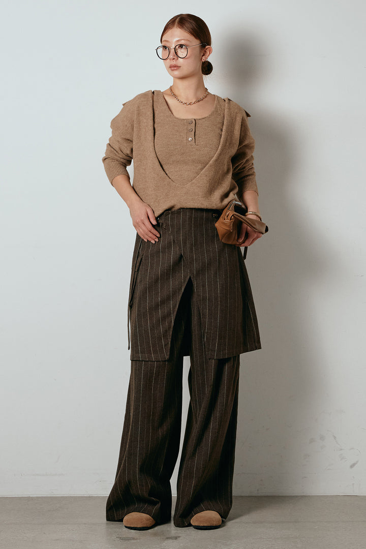 [SET]襟付きレイヤードニットトップス+細ストライプレイヤードデザインパンツ(2set)