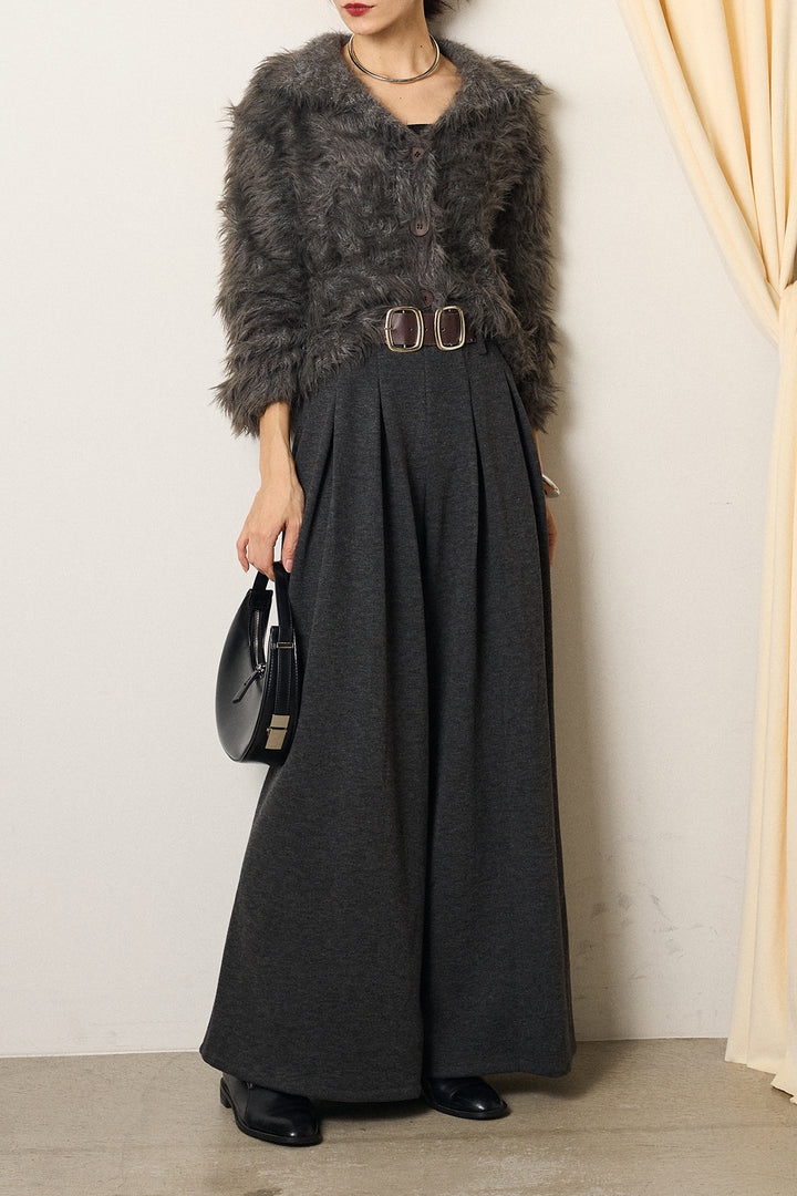 [SET]襟付きシャギーニットカーディガン+フェイクレザー太ベルト付きタックワイドパンツ(2set)