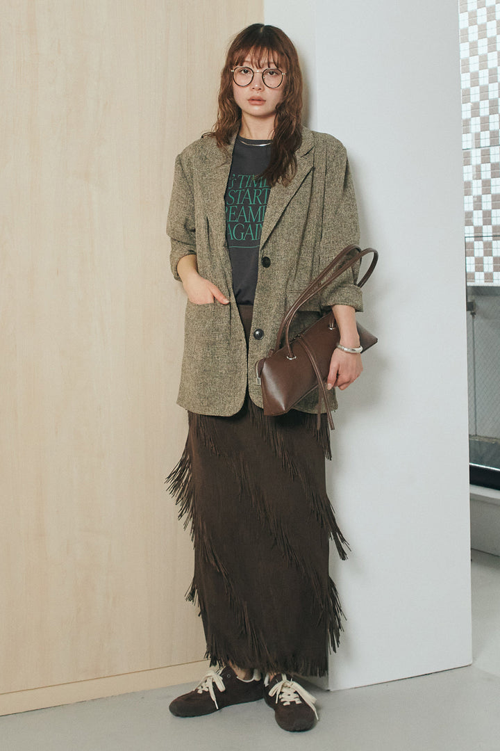 [SET]ミックスツイードベルト付きジャケット+斜めフリンジデザインスカート(2set)