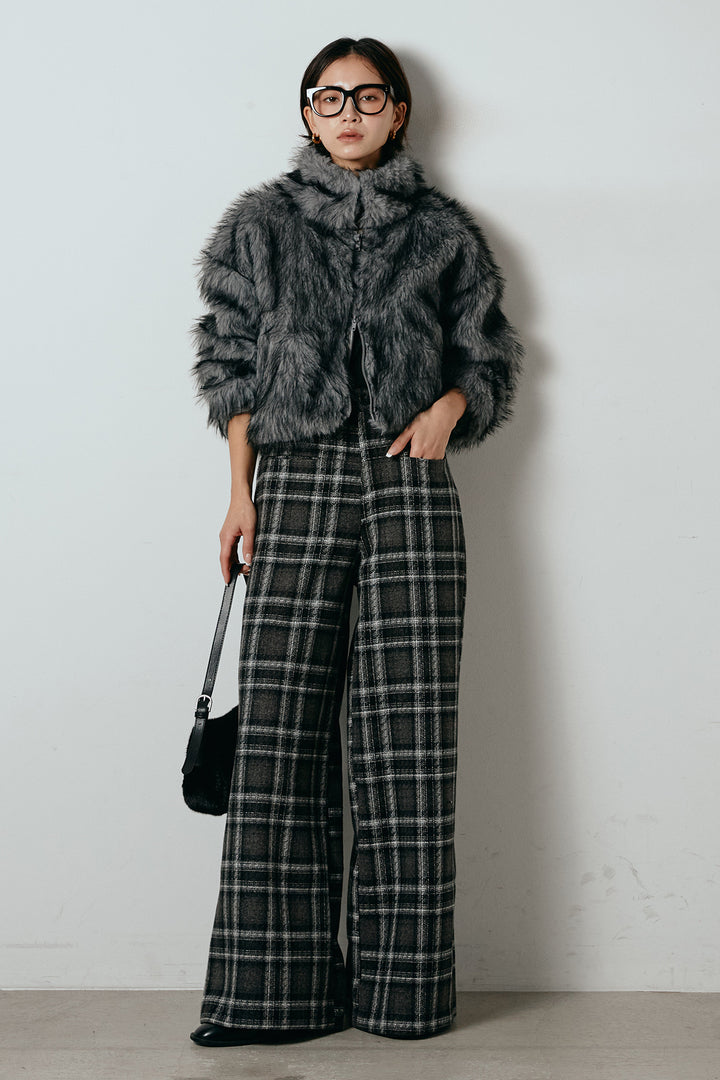 [SET]エコファーショート丈ブルゾン+ルーズタータンチェックワイドパンツ(2set)
