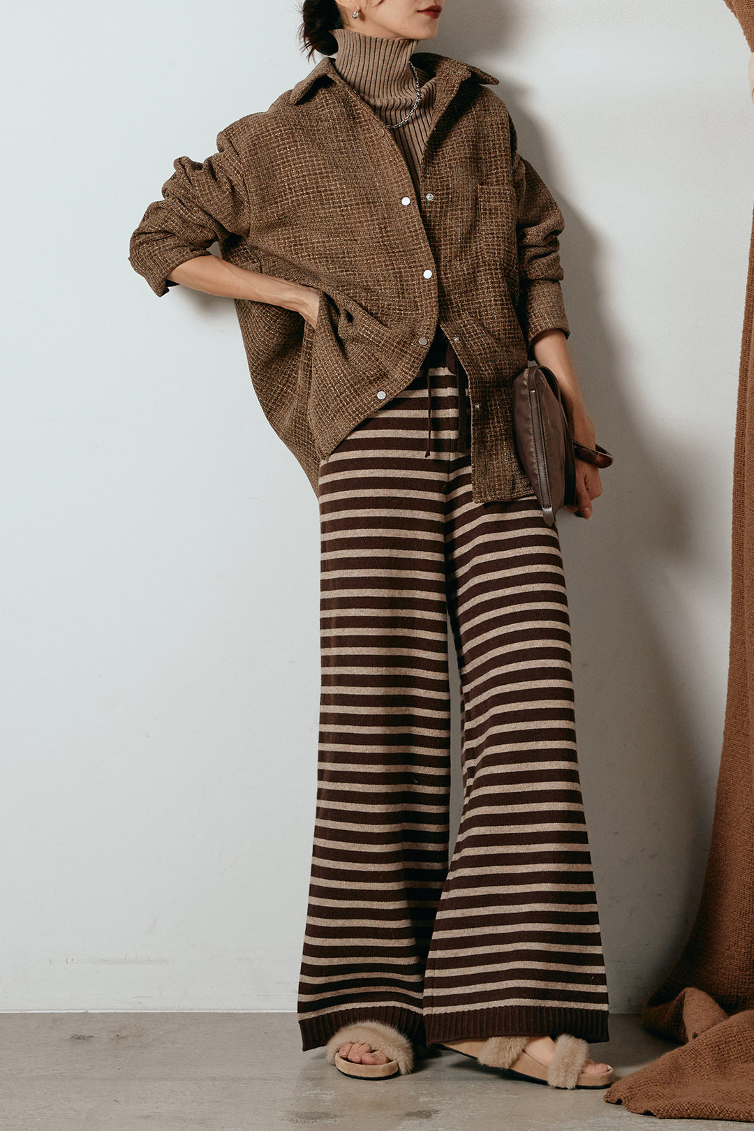 [SET]ルーズクラッシュツイルシャツ+ボーダーリラックスニットパンツ(2set)