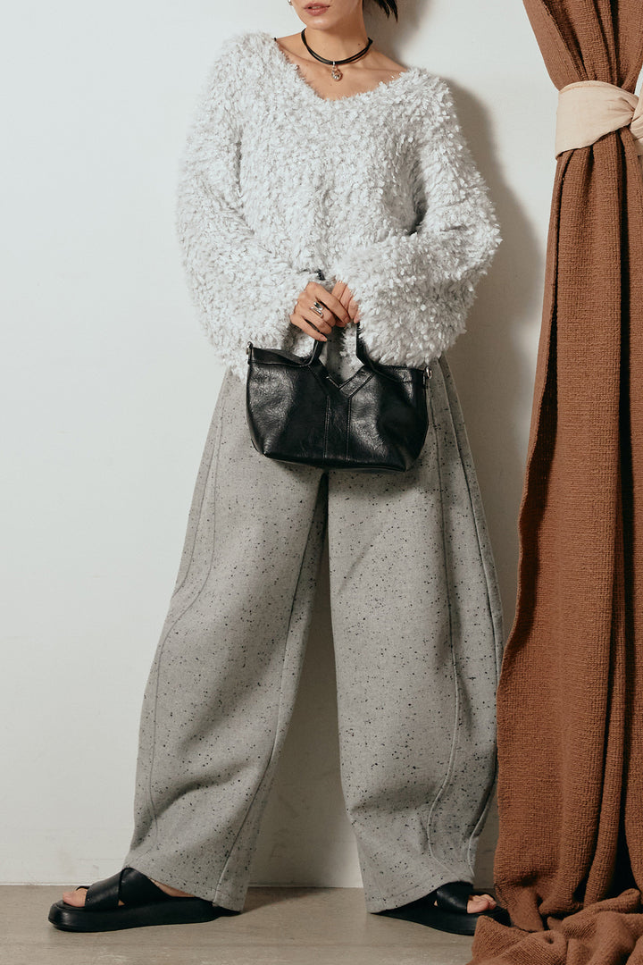 [SET]深Vネックチョウチョヤーンニットトップス+ベルト付きネップツイードカーブパンツ(2set)